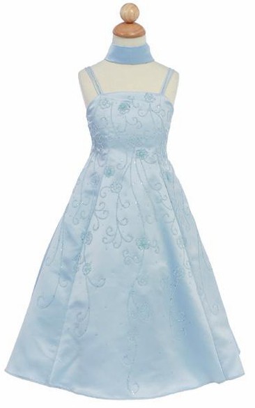 Floral Ankle-Length Floral Beaded Sequins&Satin Flower Girl Dress With Straps