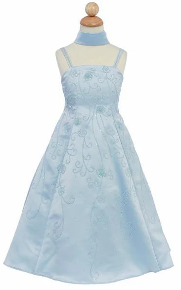 Floral Ankle-Length Floral Beaded Sequins&Satin Flower Girl Dress With Straps