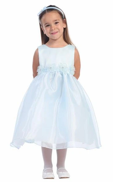 Tea-Length Sleeveless Tiered Organza&Satin Flower Girl Dress