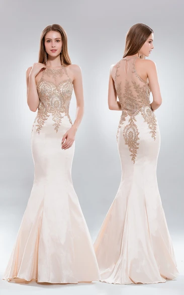 Mermaid Long Scoop-Neck Sleeveless Satin Illusion Dress With Appliques