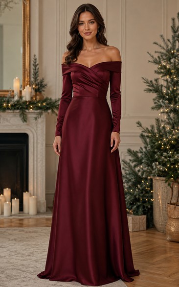 Burgundy Satin Off-the-Shoulder Long Sleeve A-Line Bridesmaid Dress