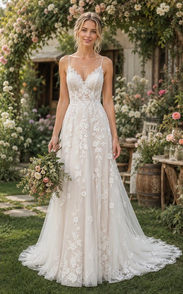 Spaghetti Strap A-Line Lace Country Wedding Dress with Low Back and Chapel Train