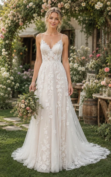 Spaghetti Strap A-Line Lace Country Wedding Dress with Low Back and Chapel Train