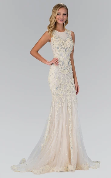 Sheath Long Jewel-Neck Sleeveless Tulle Dress With Beading And Appliques