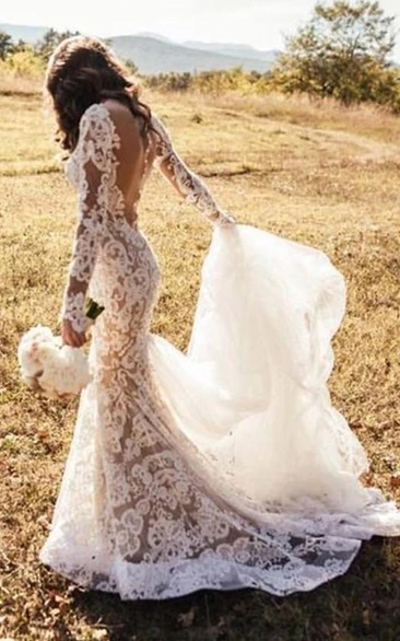 Mermaid Illusion Long Sleeve Lace Applique Luxury Wedding Dress