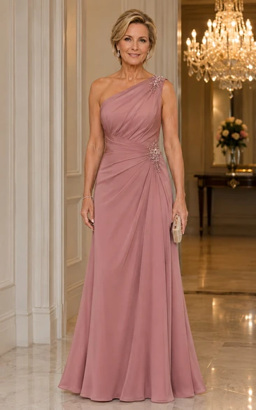 Dusty Rose One-Shoulder Chiffon Mother Dress