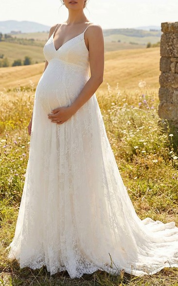 Maternity Lace Wedding Dress with V-Neck Spaghetti Straps and Sweep Train