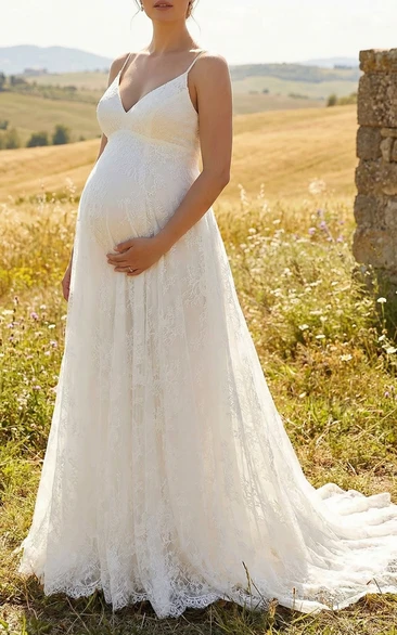 Maternity Lace Wedding Dress with V-Neck Spaghetti Straps and Sweep Train