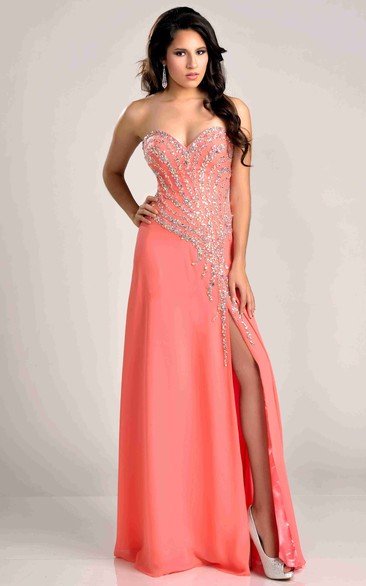 A-Line Side Slit Chiffon Sweetheart Prom Dress With Beadwork
