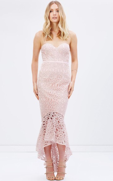 Mermaid High-Low Sleeveless Sweetheart Ribboned Lace Bridesmaid Dress