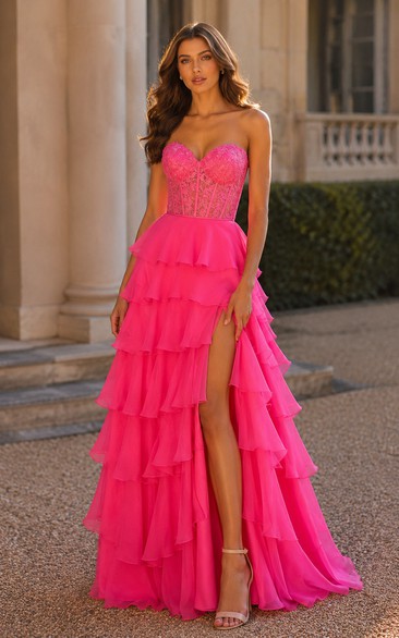 Fuchsia Strapless Tiered Ruffle Prom Gown with Front Slit