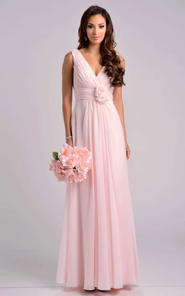 V-neck Pleated Chiffon Sleeveless Dress With Flowers And V-back