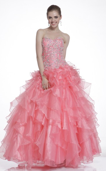 Ball Gown Ankle-Length Sweetheart Organza Lace-Up Dress With Ruffles And Beading