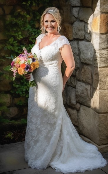 Cap Plus Size Lace Sheath Applique Elegant Wedding Dress