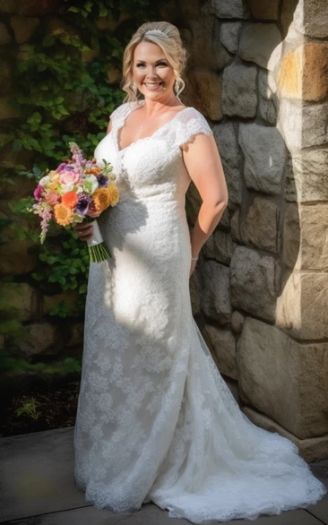 Cap Plus Size Lace Sheath Applique Elegant Wedding Dress