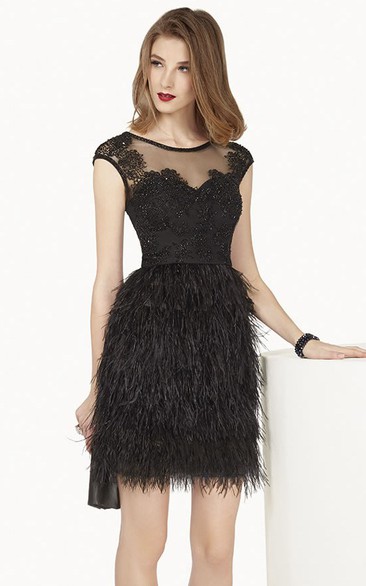 Jewel Neck Cap Sleeve Feather Mini Prom Dress With Appliques And Illusion Top