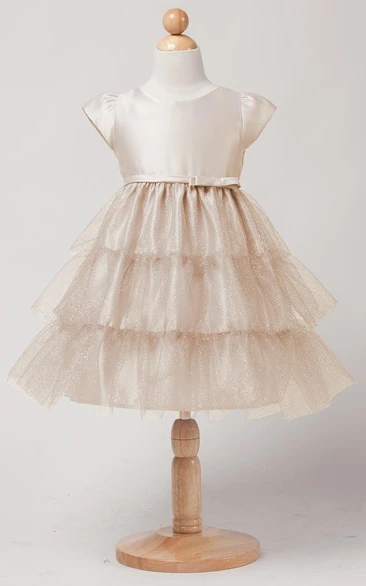 Tea-Length Bowed Empire Cap-Sleeve Satin Flower Girl Dress With Ruffles