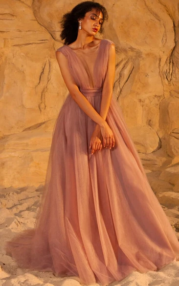 Plunged Chiffon Cap Empire Pleated A-line Prom Dress with Bow and Low-v Back