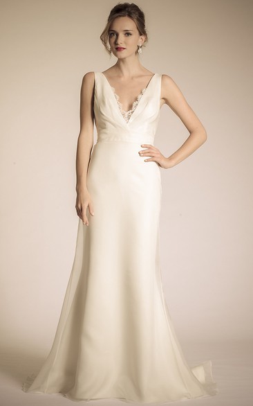 Long V-Neck Lace Tulle&Satin Wedding Dress With Court Train And V Back