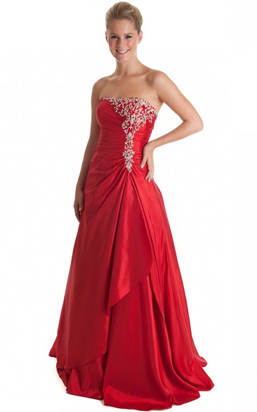 A-Line Sleeveless Beaded Strapless Floor-Length Satin Prom Dress With Draping