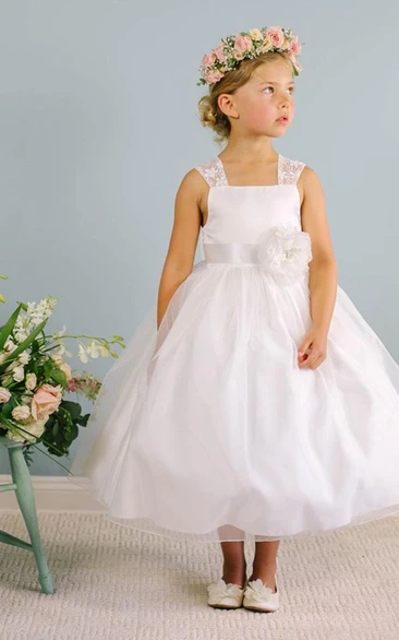 Tea-Length Bowed Floral Lace&Organza Flower Girl Dress With Sash