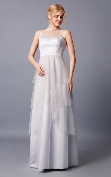 Dazzling Sleeveless Tiered Tulle Gown With Sheer Neck