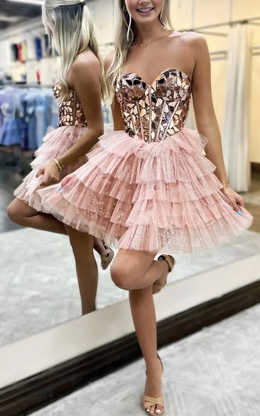 Gold Sequin Bodice Pink Tulle Prom Dress