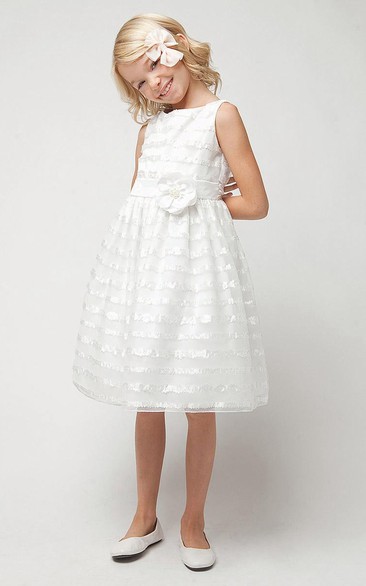 Tea-Length Floral Floral Tulle&Sequins Flower Girl Dress With Sash