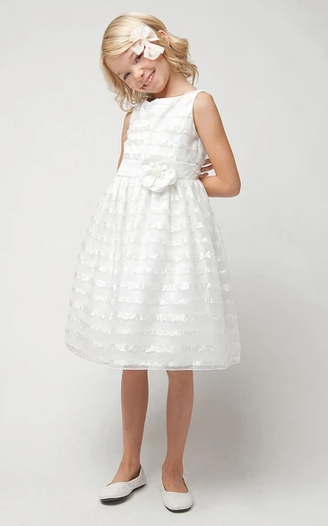Tea-Length Floral Floral Tulle&Sequins Flower Girl Dress With Sash
