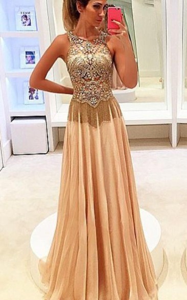 Newest Beadings Chiffon Illusion Prom Dress A-line Sweep Train