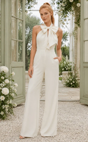 Weißer Braut-Jumpsuit mit Neckholder und Schleifenausschnitt