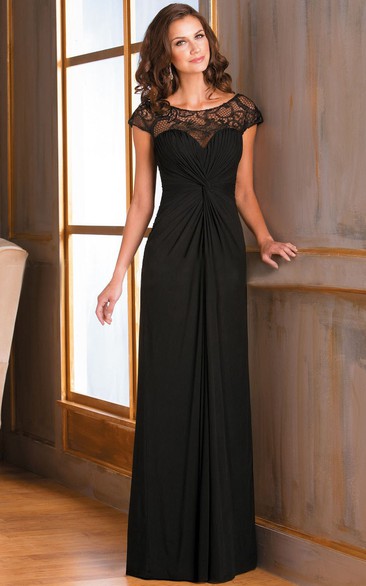 Robe longue à manches courtes froncée pour la mère de la mariée, avec encolure en dentelle illusion