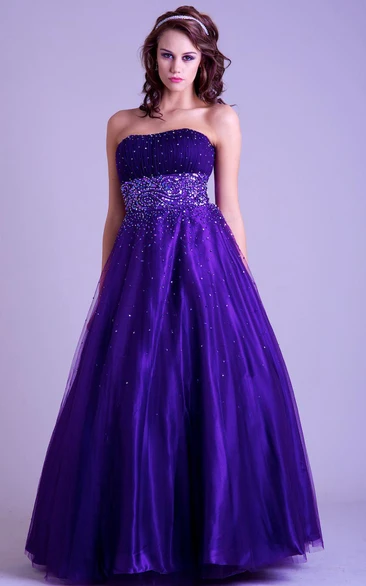 A-Line Sleeveless Long Strapless Ruched Tulle&Satin Prom Dress With Beading