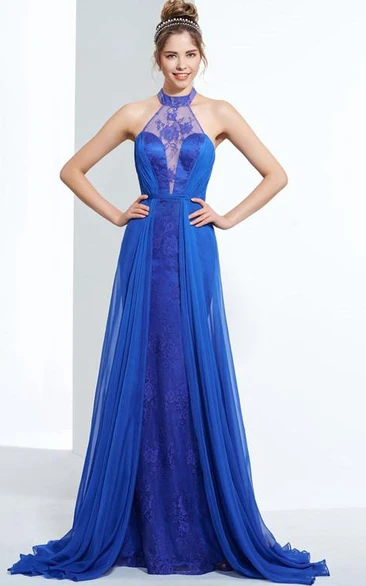 Sheath Halter Lace Sweep Train Prom Dress