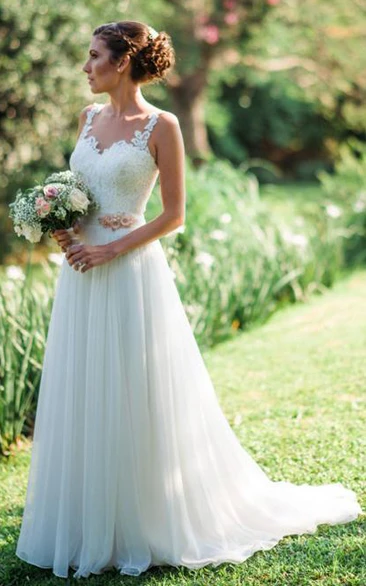 Casual Straps Chiffon Lace A Line Floor-length Brush Train Sleeveless Wedding Dress