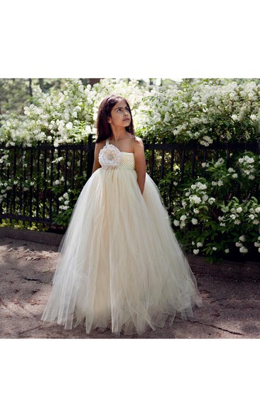 One-shoulder Empire Pleated Tulle Ball Gown With Flower