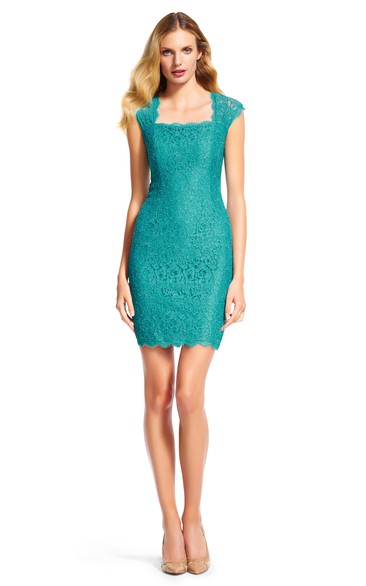 Pencil Square-Neck Cap-Sleeve Short Lace Bridesmaid Dress With Keyhole