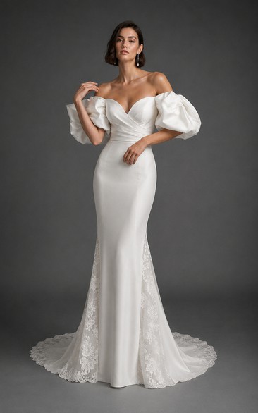 Brautkleid im Meerjungfrauenstil aus Satin mit schulterfreien Puffärmeln und Spitzenschleppe
