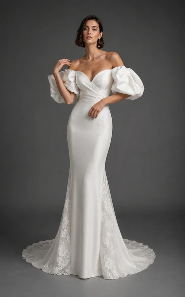 Vestido de novia de satén estilo sirena con mangas abullonadas sin hombros y cola de encaje.