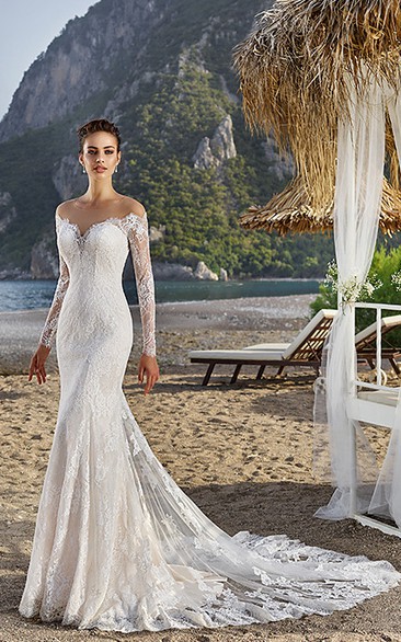 Sheath Off-The-Shoulder Long-Sleeve Lace Elegant Wedding Dress With  Illusion