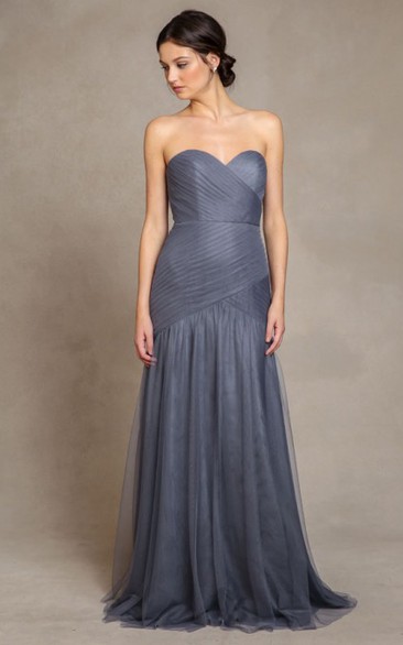 A-Line Criss-Cross Sweetheart Long Sleeveless Tulle Bridesmaid Dress