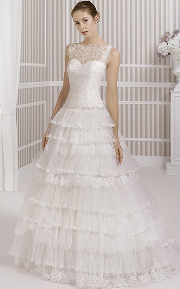 A-Line Tiered Floor-Length Bateau Sleeveless Tulle&Lace Wedding Dress With Waist Jewellery And Illusion Back