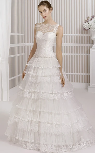 A-Line Tiered Floor-Length Bateau Sleeveless Tulle&Lace Wedding Dress With Waist Jewellery And Illusion Back