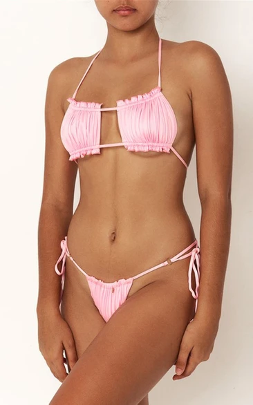 Plain Halter Tie Side Ruched Bikini Set