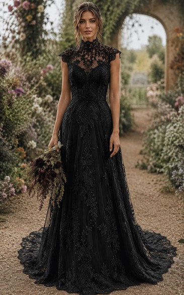 Black High Neck Cap Sleeve Lace A-Line Wedding Dress