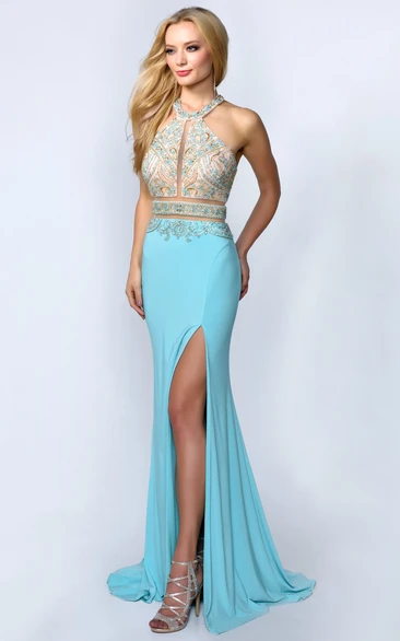 Sheath Scoop-Neck Sleeveless Jersey Straps Dress With Split Front And Beading