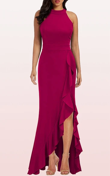 Simple Jersey Sleeveless Halter Sheath Evening Dress With Ruffles and Split Front