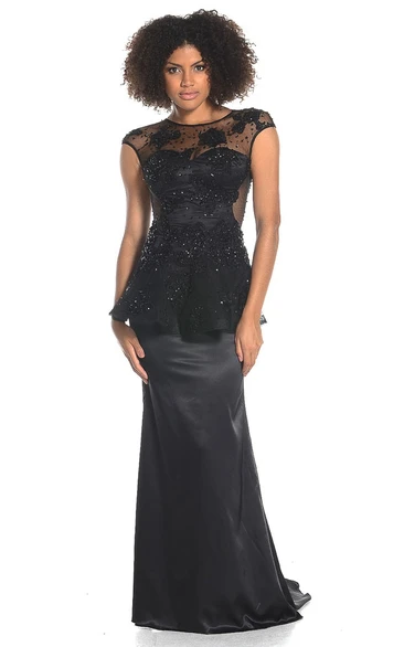 Sheath Jewel Appliqued Maxi Cap-Sleeve Satin Prom Dress With Beading And Peplum
