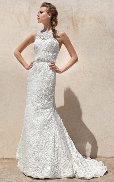 Sheath High-Neck Sleeveless Beaded Maxi Lace Wedding Dress With Appliques