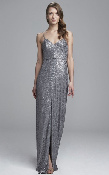 Sheath Spaghetti Sleeveless Split-Front Sequin Bridesmaid Dress
